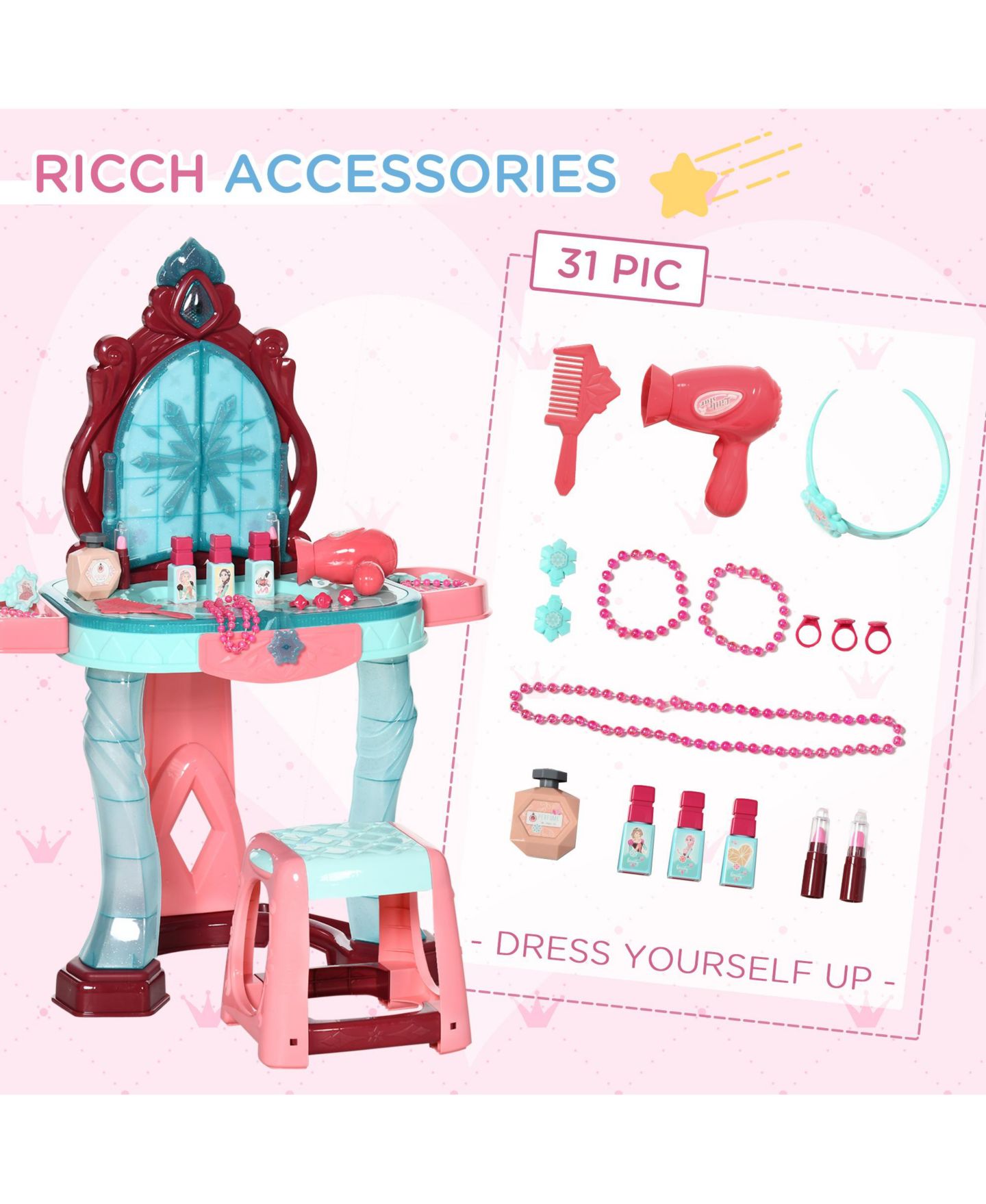 Детская игрушка Qaba Kids Vanity Table and Stool for 3-Year-Olds — фото 6