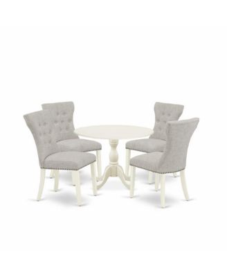 East West 5-Piece Dining Set: Drop Leaf Table + 4 Doeskin Linen Parson Chairs with Button Tufted Back & Nailhead Trim