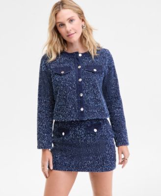 On 34th Womens Denim Trim Tweed Cropped Jacket Denim Trim Tweed Mini Skirt Macys Exclusive In Blue