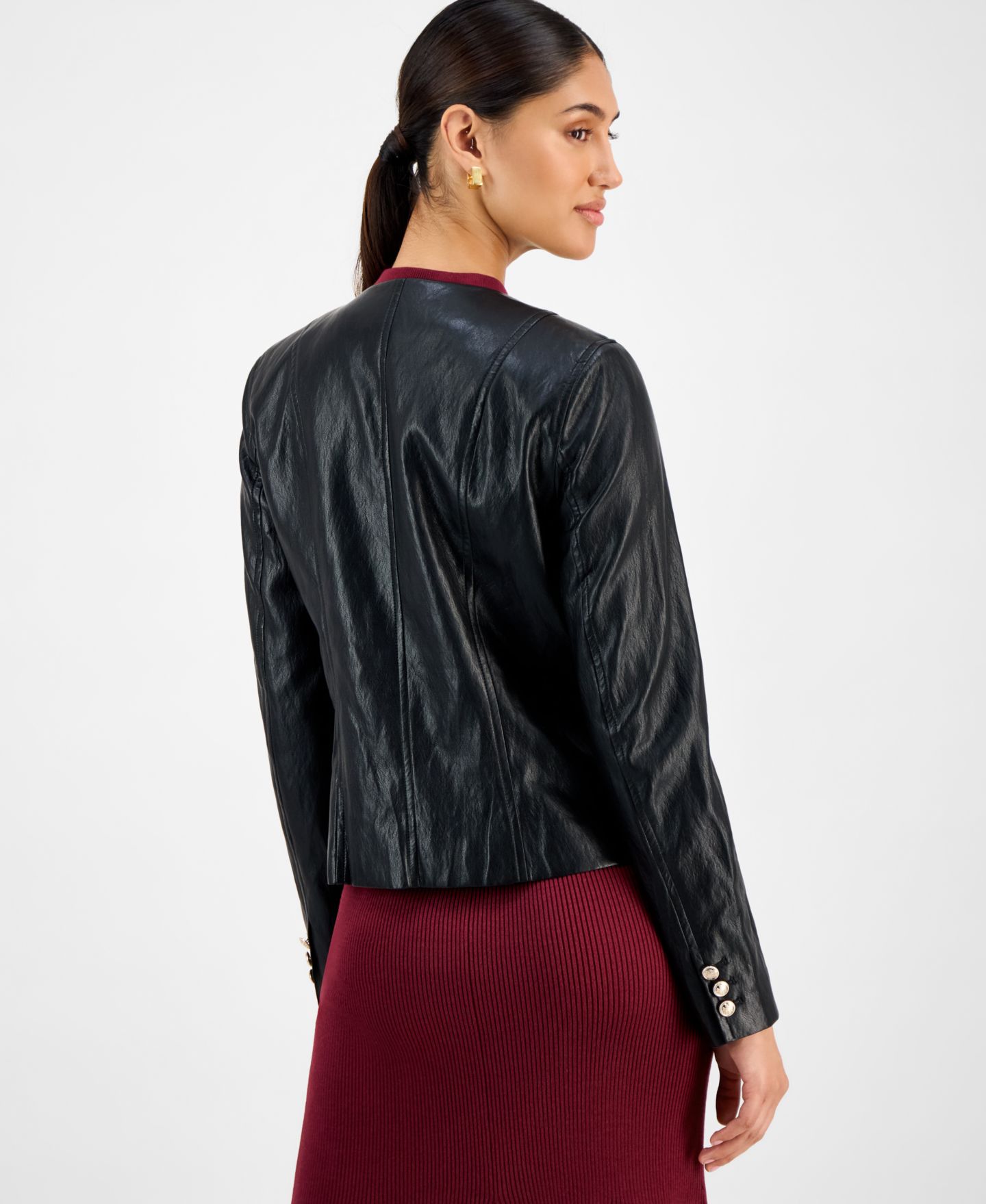 Женская куртка T Tahari Button-Front Faux Leather, цвет: Чёрный — фото 4