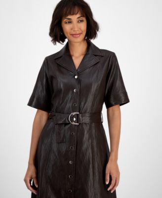 Women's Faux-Leather Belted Button-Front Dress
