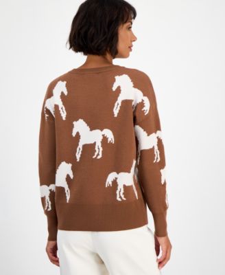 Women's Horse-Print Crewneck Long-Sleeve Sweater 