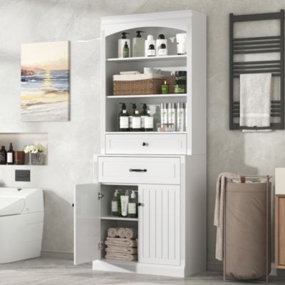 Bathroom Storage Cabinet with Two Doors, Drawers, Adjustable Shelf & Open Shelves