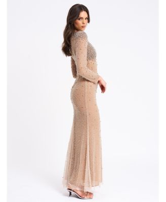 Women Rita Embroidered Mesh Silver Beaded Mermaid Gown