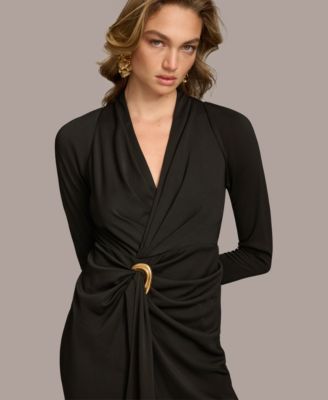 Women's Long Sleeve Front Slit Ruched Gown