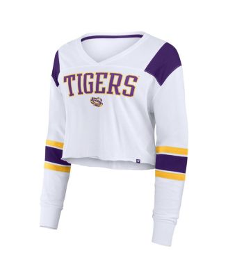 Women's White LSU Tigers Training Camp Cropped Long Sleeve V-Neck Fashion Top