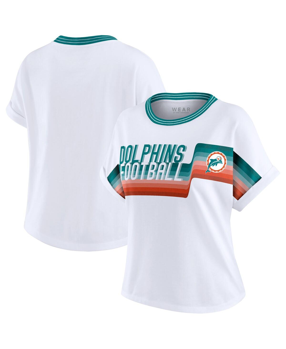 Wear By Erin Andrews Women's White Miami Dolphins Cropped Center Stripe Dolman T-shirt