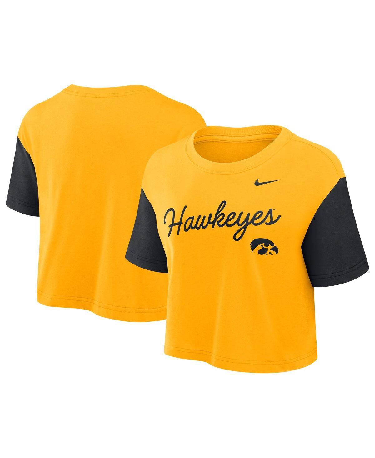 Nike Women's Gold/black Iowa Hawkeyes Color-block Script Performance Cropped T-shirt In Multi