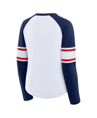 Women's White/Navy New England Patriots Redzone Blitz Package Raglan Lace-Up V-Neck Long Sleeve T-Shirt