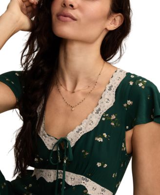 Women's Floral-Print Lace-Trim Slip Dress