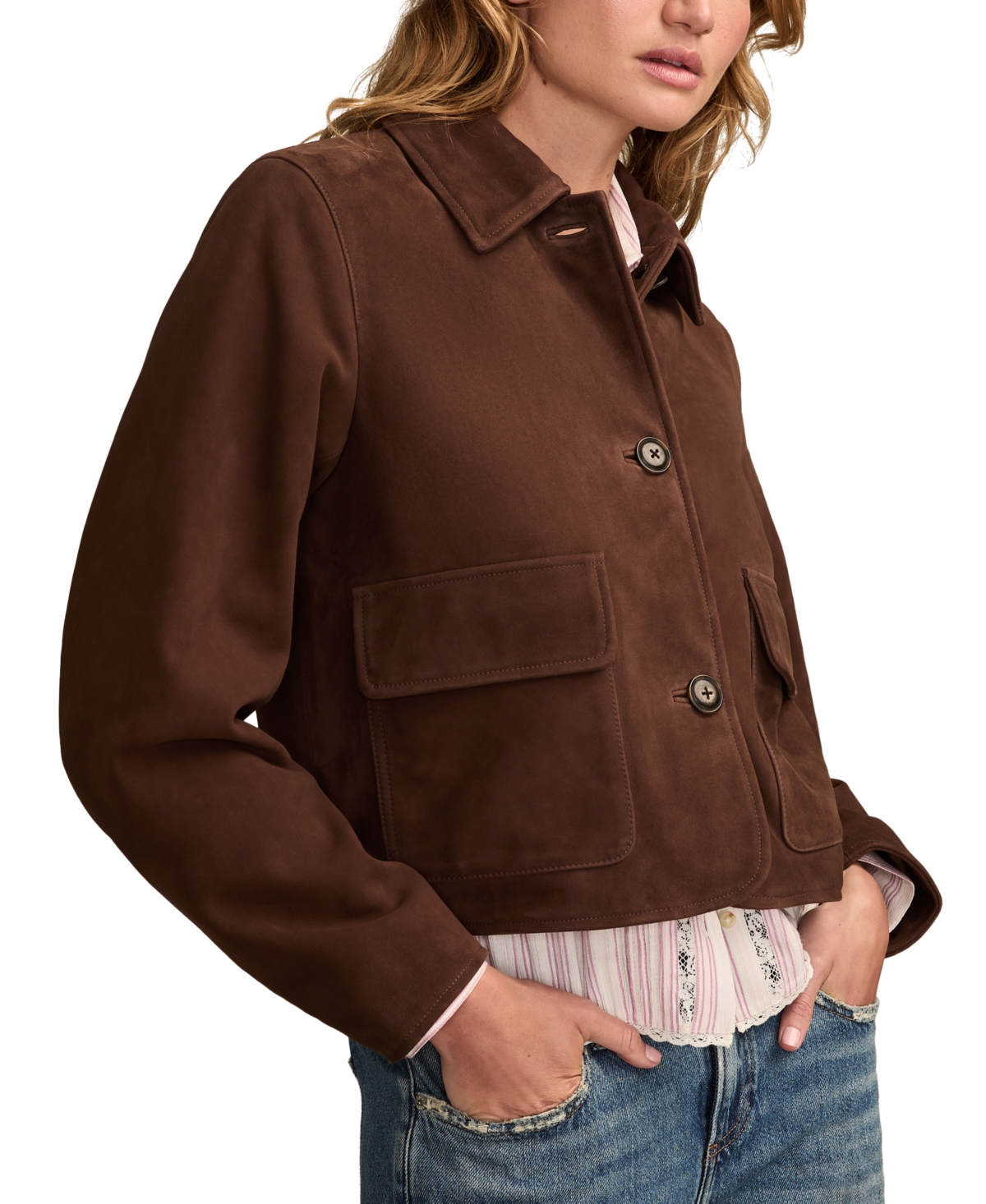Lucky Brand Button Front Suede Jacket In Brown