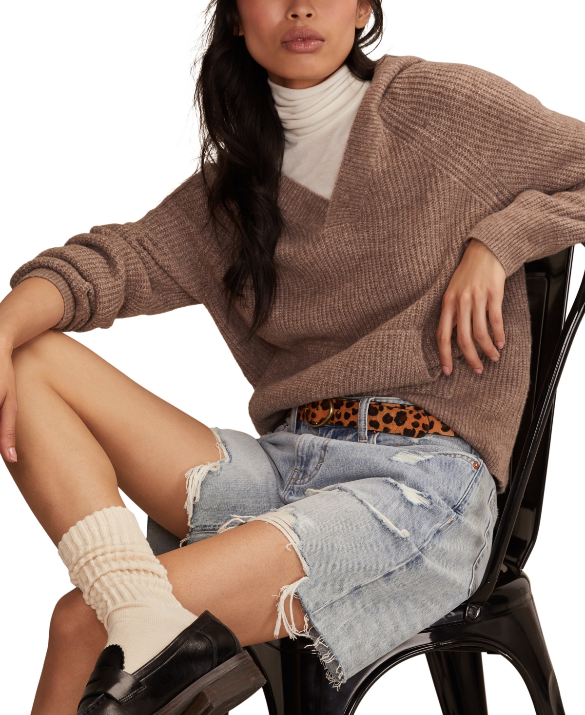 Lucky Brand Cloud Soft V-neck Sweater Hoodie In Brown