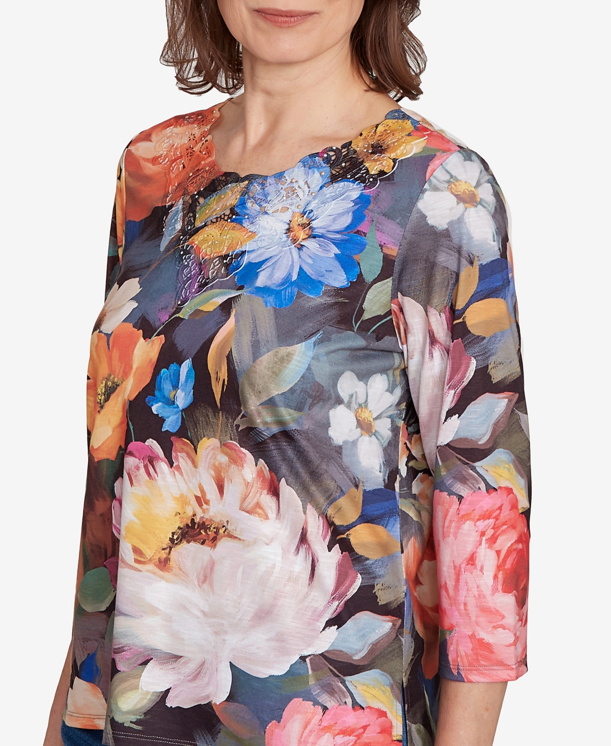 Alfred Dunner Women's Classic Dramatic Floral Lace Neck Top In Multi