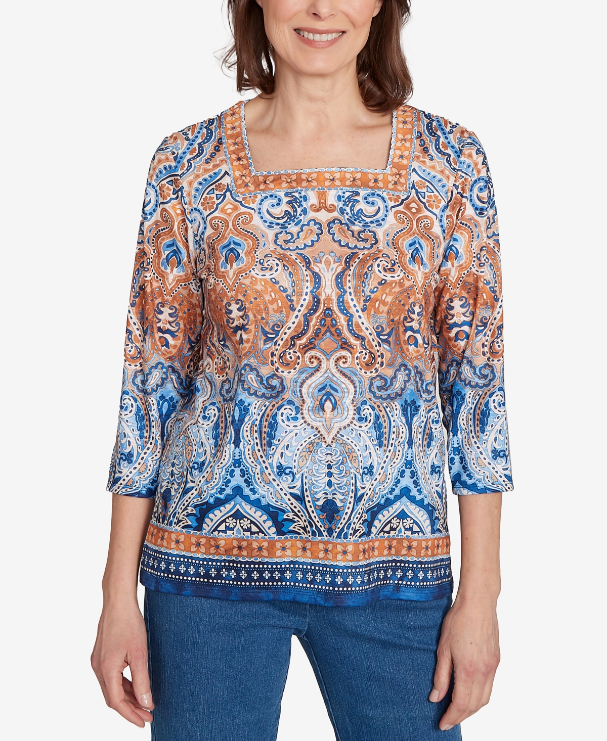 Alfred Dunner Women's Classic Medallion Bordered Square Neck Top In Multi