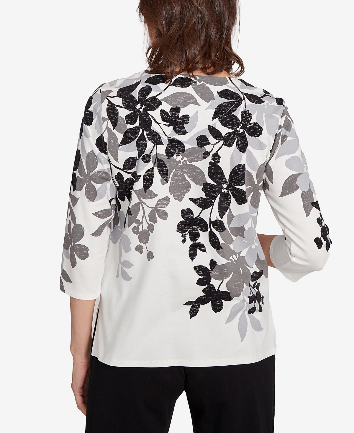 Alfred Dunner Women's Classic Shadow Leaf Three Quarter Sleeve Top In White