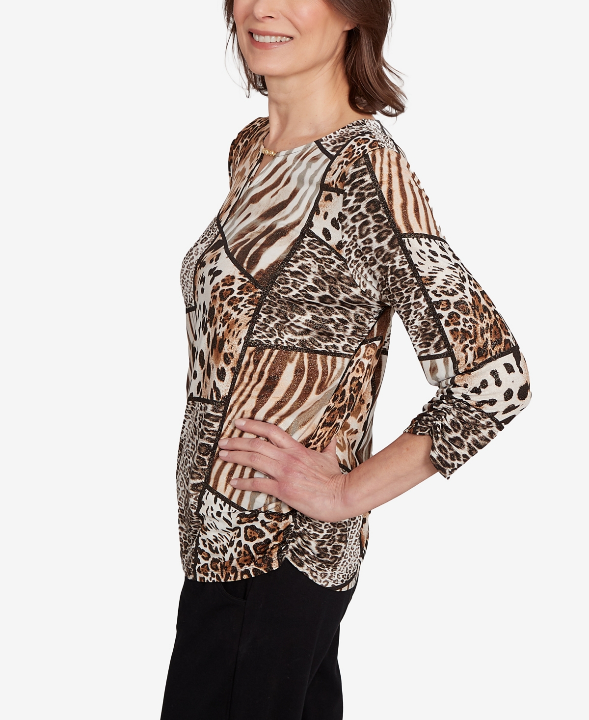 Alfred Dunner Women's Classic Puff Print Animal Color Block Top In Brown