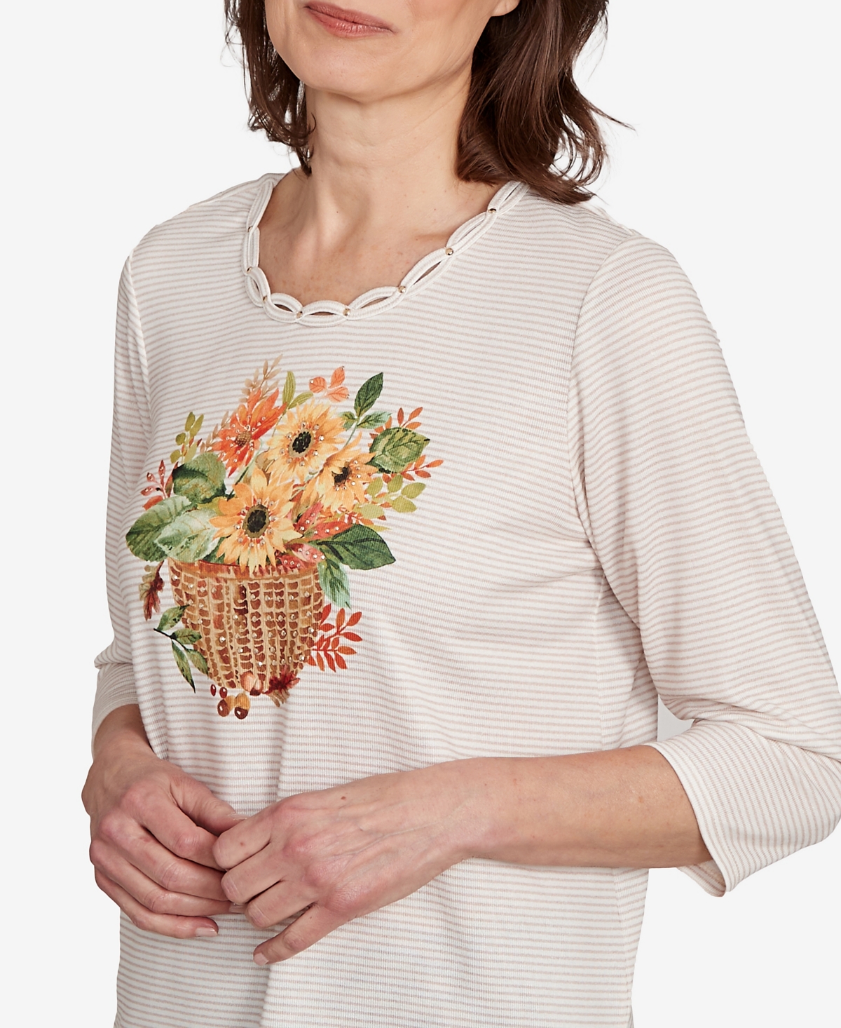 Alfred Dunner Plus Size Classic Harvest Basket Crew Neck Top In Neutral