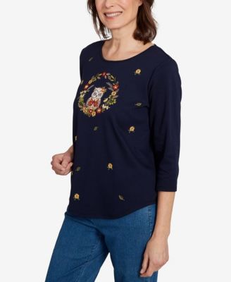 Women's Classic Owl Wreath Embroidered Crew Neck Top
