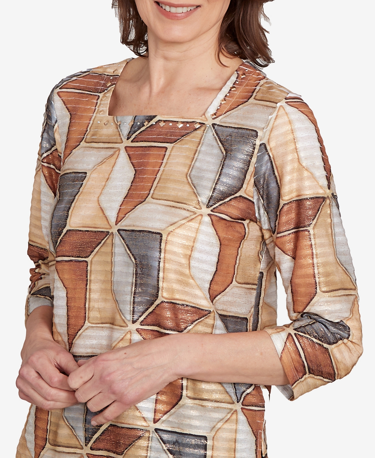 Alfred Dunner Plus Size Classic Stained Glass Square Neck Top In Multi