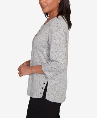 Women's Classic Melange Side Button Crew Neck Top with Necklace