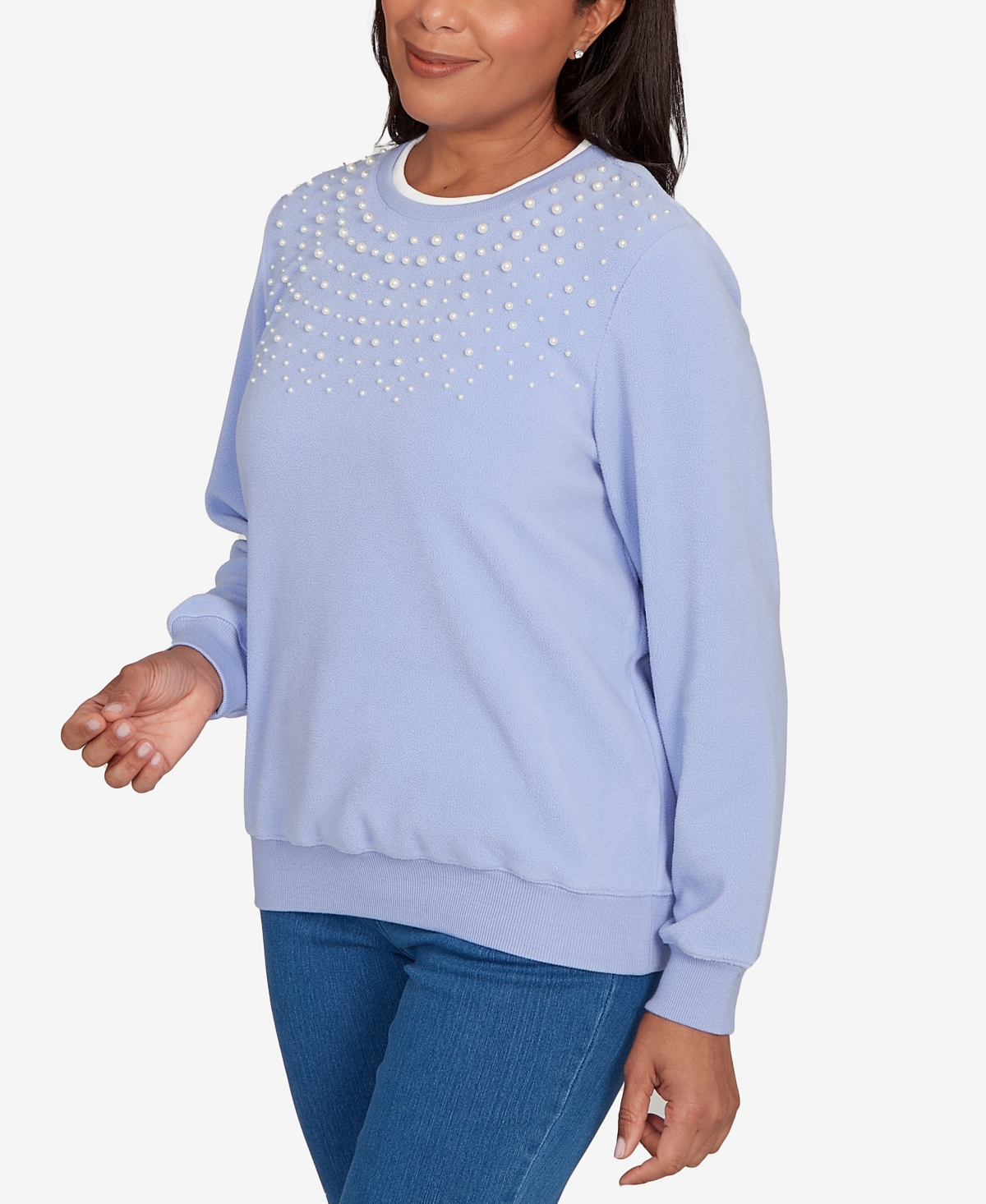 Alfred Dunner Plus Size Classic Embellished Neckline Anti-pill Sweater In Blue
