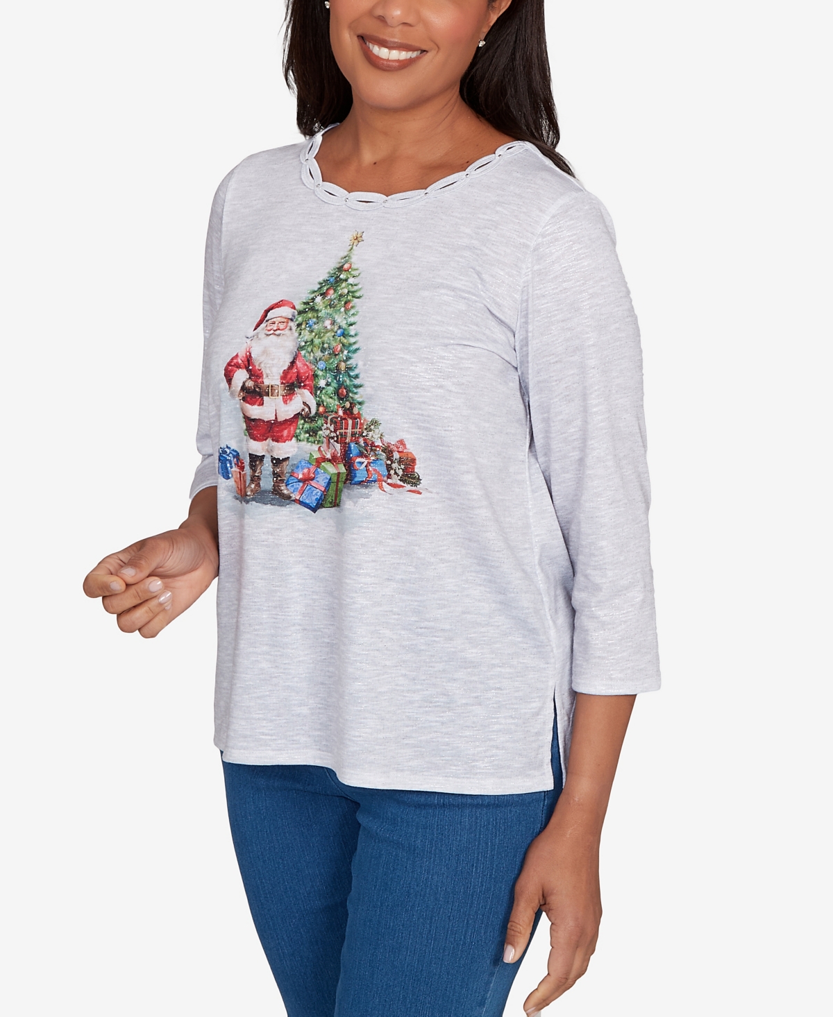 Alfred Dunner Petite Santa And Tree Print Top In Gray