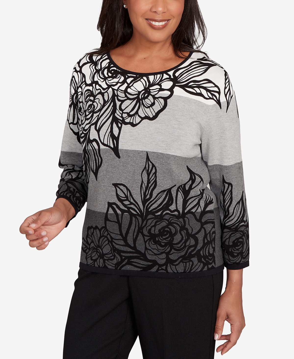 Alfred Dunner Women's Classic Ombre Floral Block Stripe Sweater In Gray