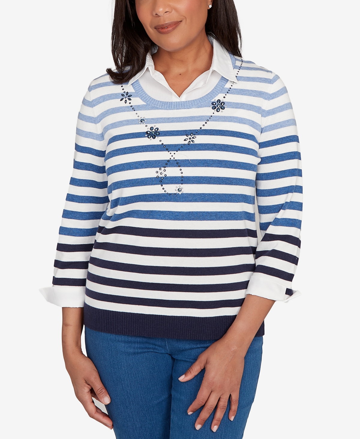 Alfred Dunner Women's Classic Ombre Stripe Two In One Sweater In Blue