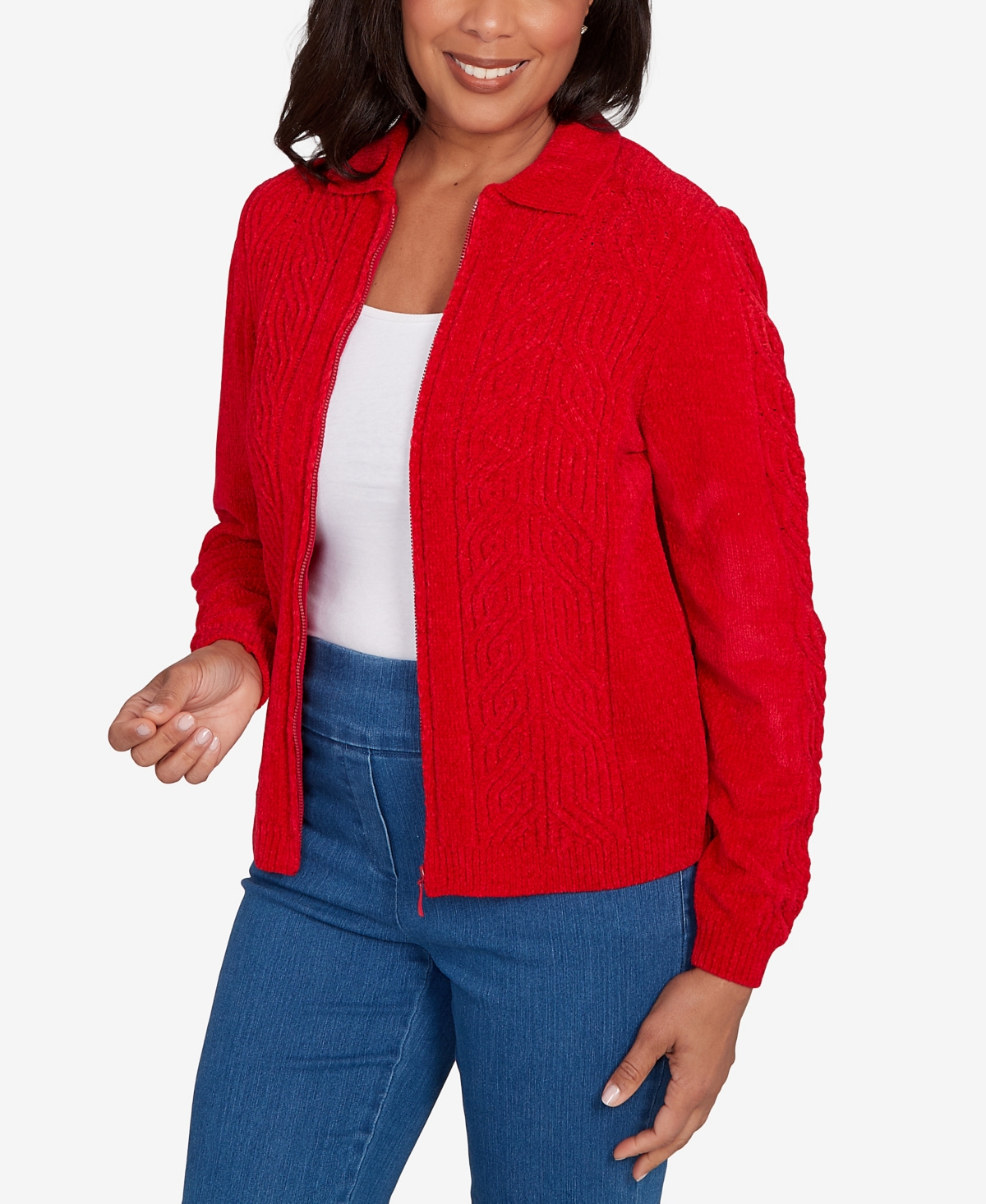 Alfred Dunner Petite Front Zip Chenille Cardigan In Red