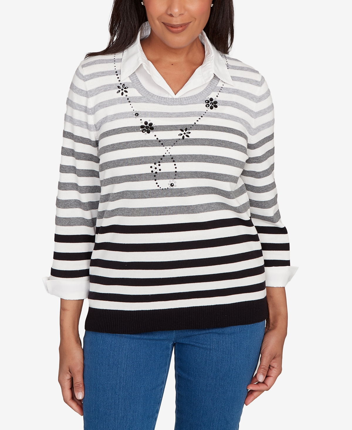 Alfred Dunner Women's Classic Ombre Stripe Two In One Sweater In Black
