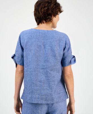 Women's 100% Linen Split-Neck Tie-Cuff Top, Created for Macy's