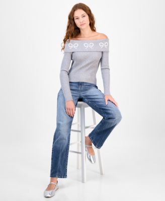 Juniors' Jacquard-Bow Off-The-Shoulder Sweater 