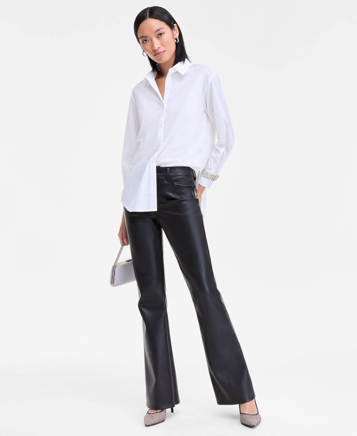 Inc International Concepts Women's Embellished-cuff Relaxed Shirt, Macy's Exclusive In White