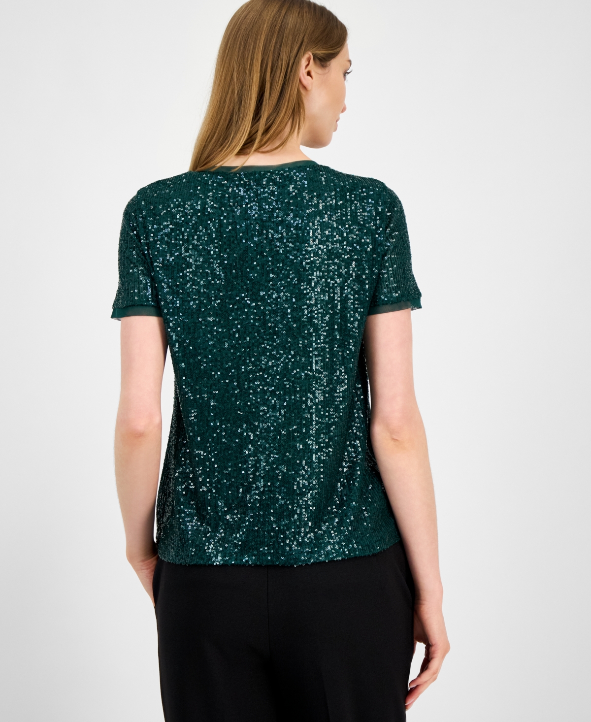 Anne Klein Short Sleeve Sequin Mesh Top In Green