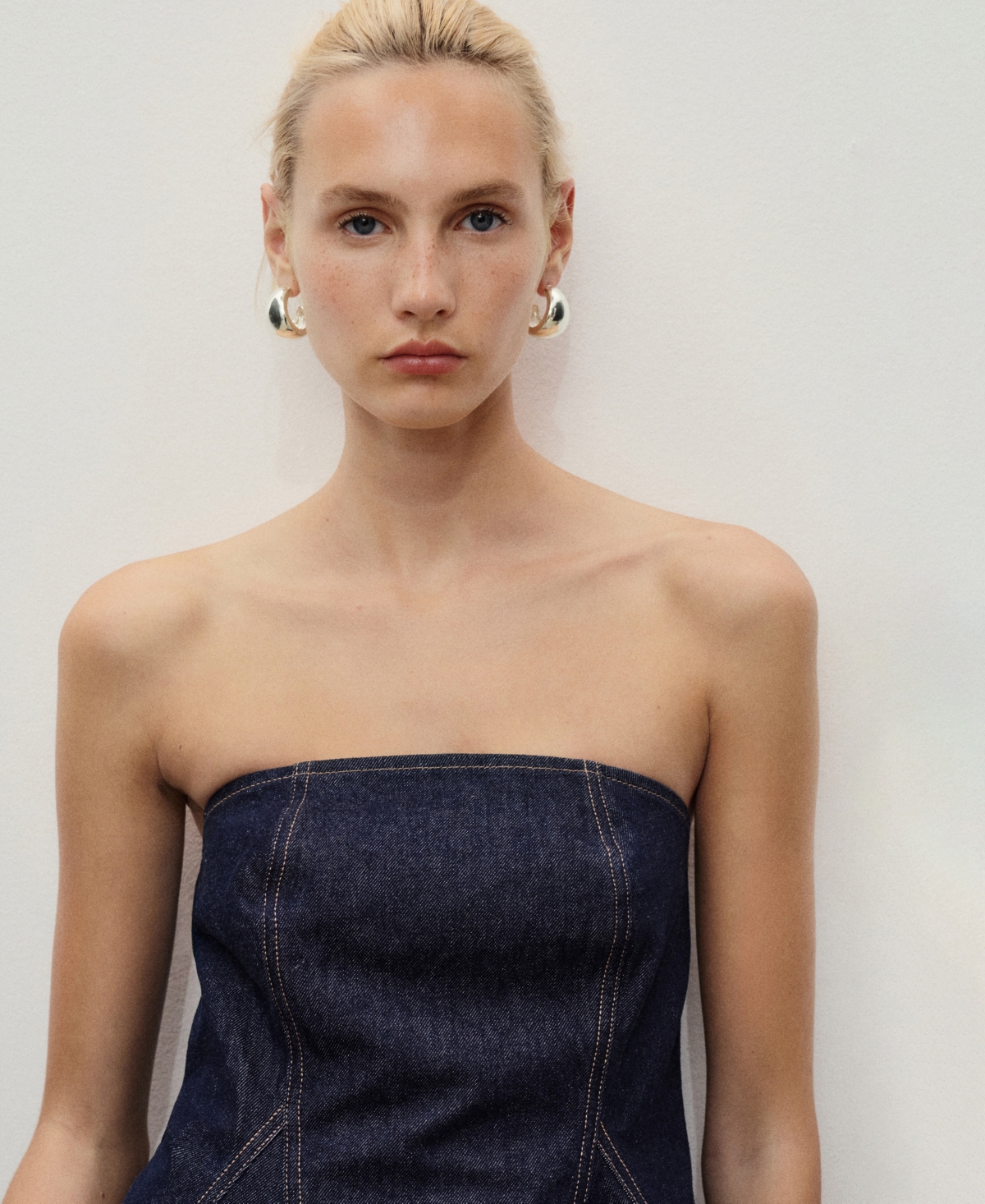 Mango Denim Peplum Top Open Blue In Blue