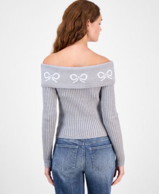 Juniors' Jacquard-Bow Off-The-Shoulder Sweater 