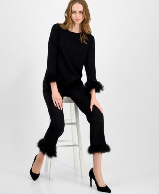 Anne Klein Womens Feather Trim 3 4 Sleeve Top Hollywood Waist Pull On Feather Trim Pants In Black