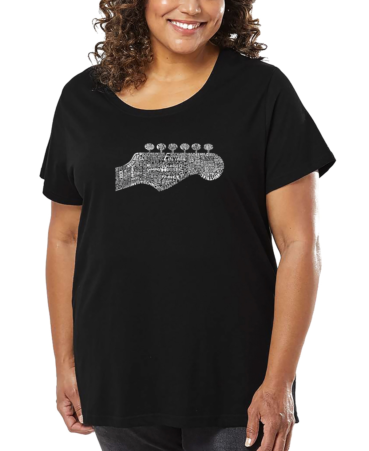 La Pop Art Plus Size Guitar Head Word Art T-shirt In Black