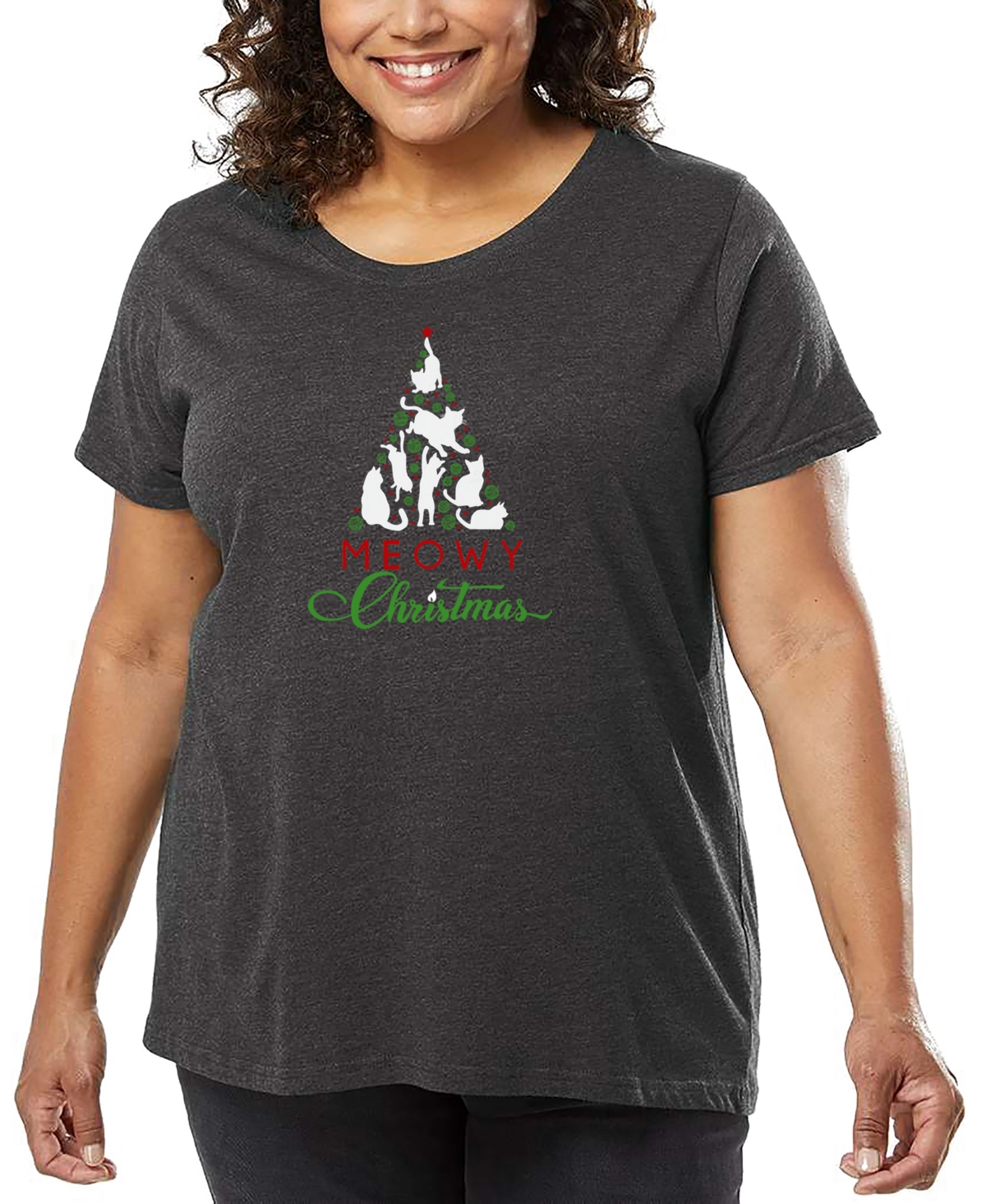 La Pop Art Plus Meowy Christmas Tree Word Art T-shirt In Gray