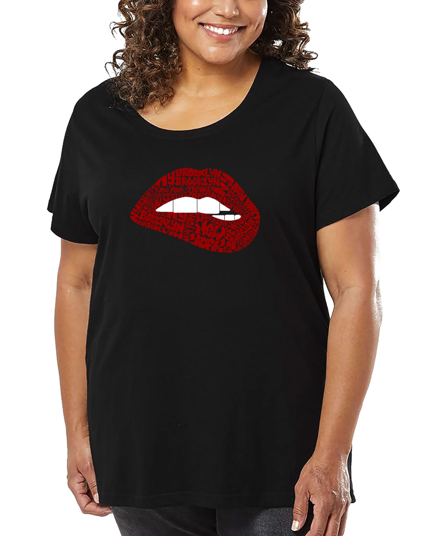 Женская футболка LA Pop Art Plus Size Brooklyn Lips Word Art, цвет: Чёрный — фото 1