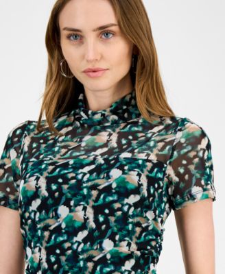 Women's Printed-Mesh Mock-Neck Midi Dress