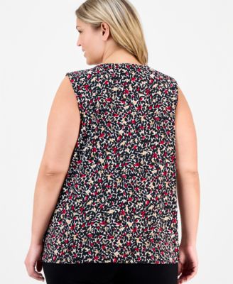 Plus Size Printed Pleat-Neck Sleeveless Top