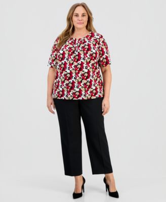 Plus Size Pleated-Neck Elbow-Sleeve Knit Top