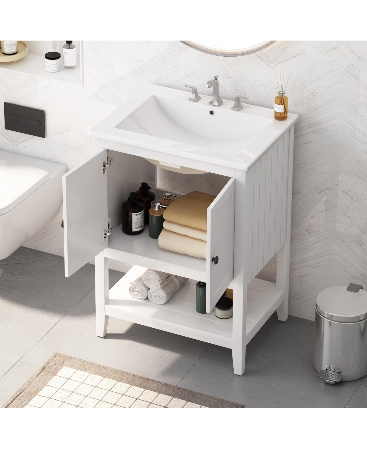 Casainc 24" Modern Bathroom Vanity with Ceramic Sink, Solid Wood Frame & Open Shelf
