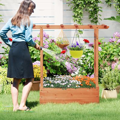 Raised Garden Bed Wooden Elevated Planter w/Side Trellis & Hanging Roof