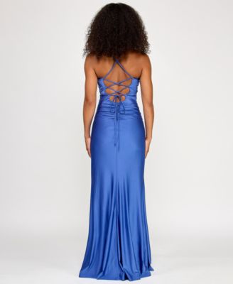 Juniors' Shirred Split Neck Ruched Bodice Slit Gown