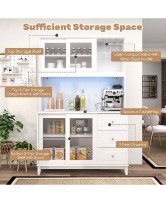Kitchen Pantry Storage Cabinet Kitchen Hutch w/ LED lights & Power Outlet