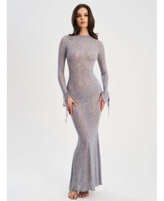 Women Waylynn Gray Animal Print Burnout Velvet Detail Mesh Backless Maxi Dress