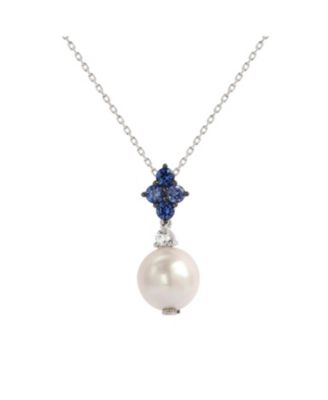 Suzy Levian Sterling Freshwater Pearl & Sapphire Cluster Drop Pendant