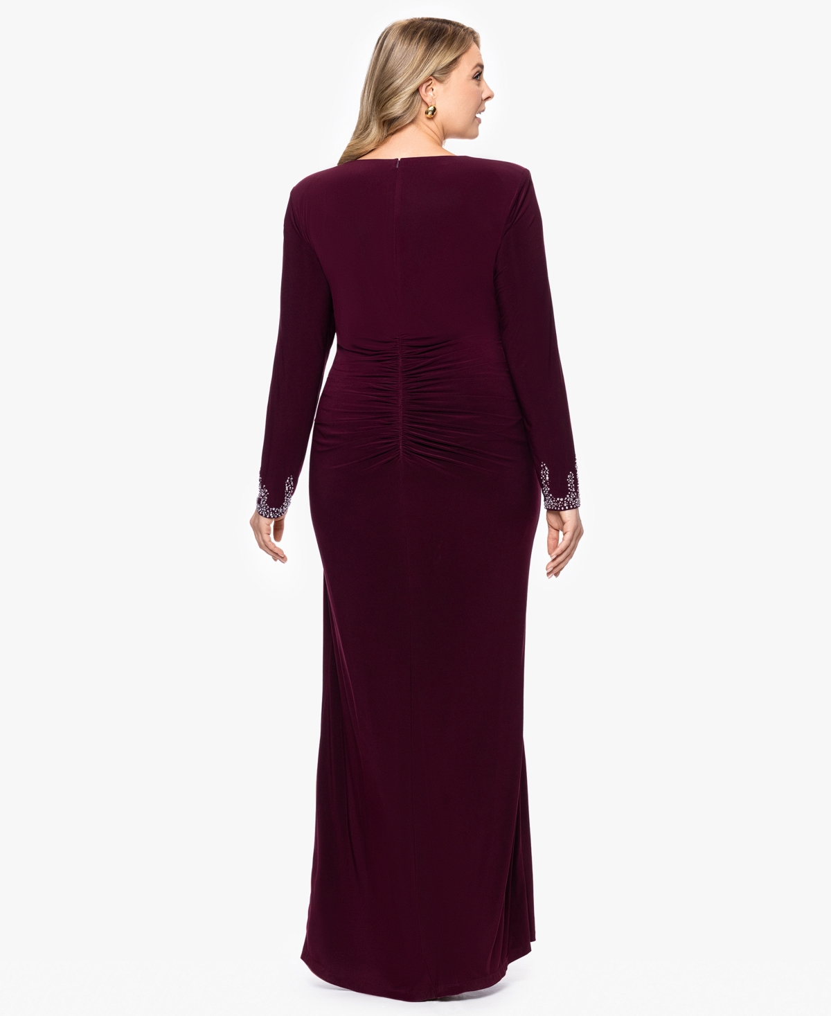 Betsy & Adam Plus Size Long Sleeve Beaded Dress In Burgundy